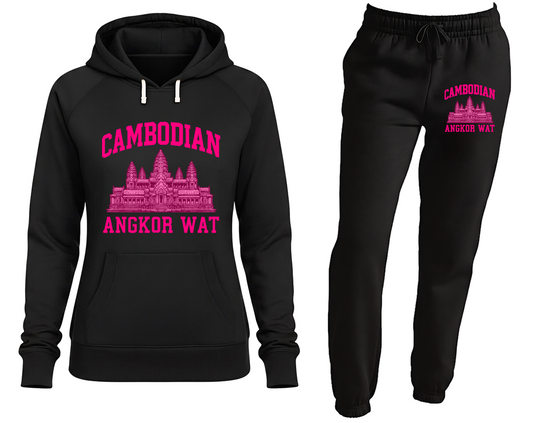 Black hoodie and black pants with pink 'Cambodian Angkor Wat' text on a white background