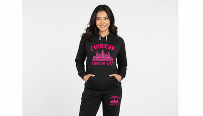 Woman wearing a black hoodie with pink text and graphics on a white background