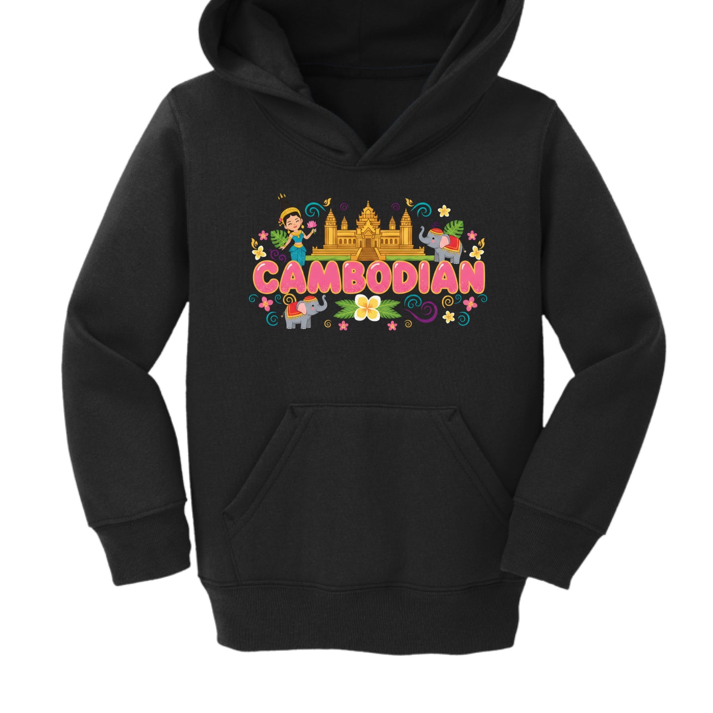 Black hoodie with colorful 'Cambodian' design on a white background