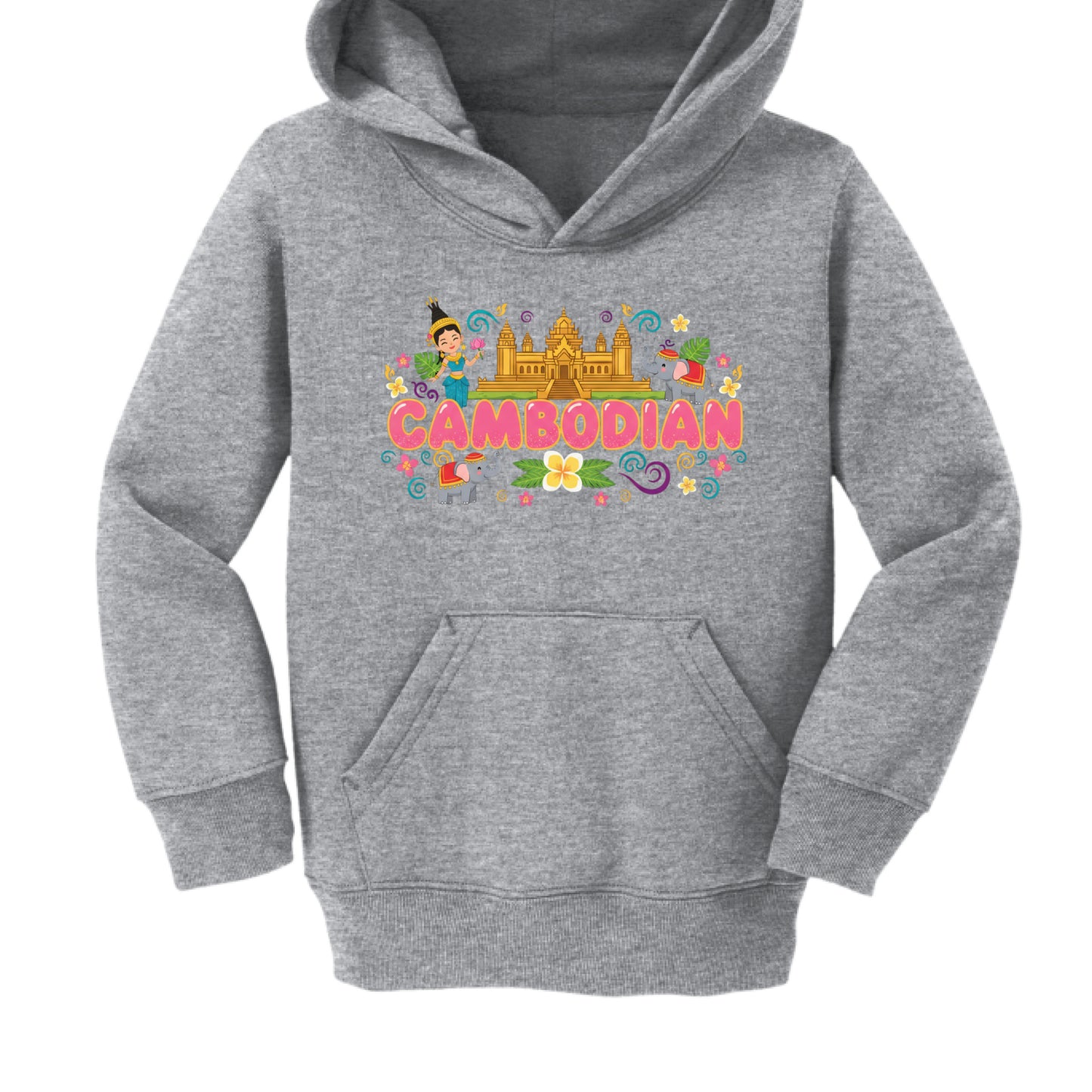 Gray hoodie with colorful 'Cambodian' design on a white background
