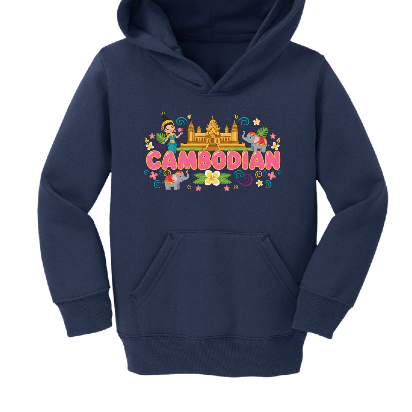 Navy blue hoodie with colorful 'Cambodian' design on a white background