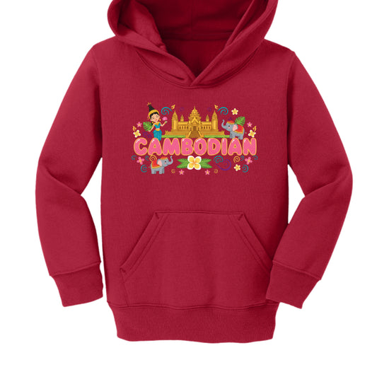 Red hoodie with 'Cambodian' design on a white background