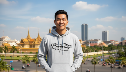 Cambodian Signature Script Pullover Hoodie - Heather Gray & Black | Cambodian Men's hoodie A2