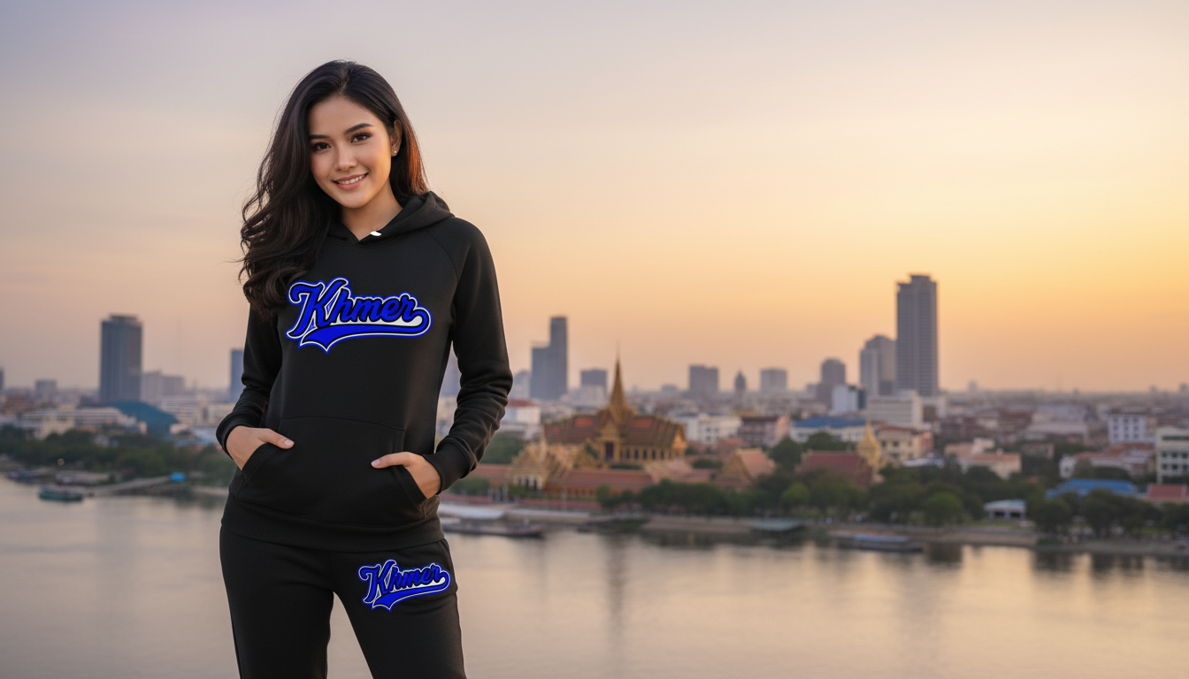 Woman wearing a black hoodie with 'Klaver' logo in front of a city skyline at sunset.