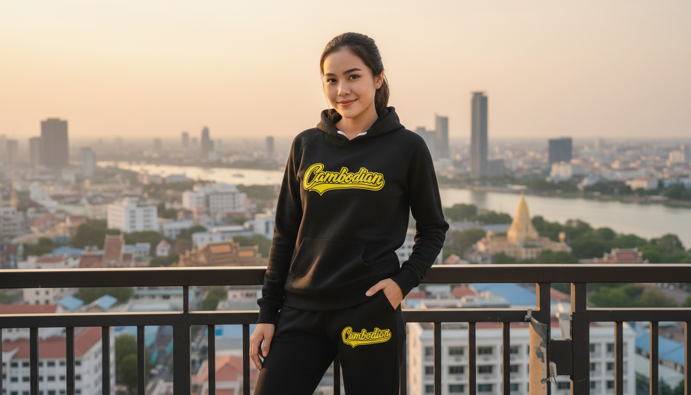 Person wearing a black hoodie with 'Cambodian' text, standing on a balcony with a cityscape background.
