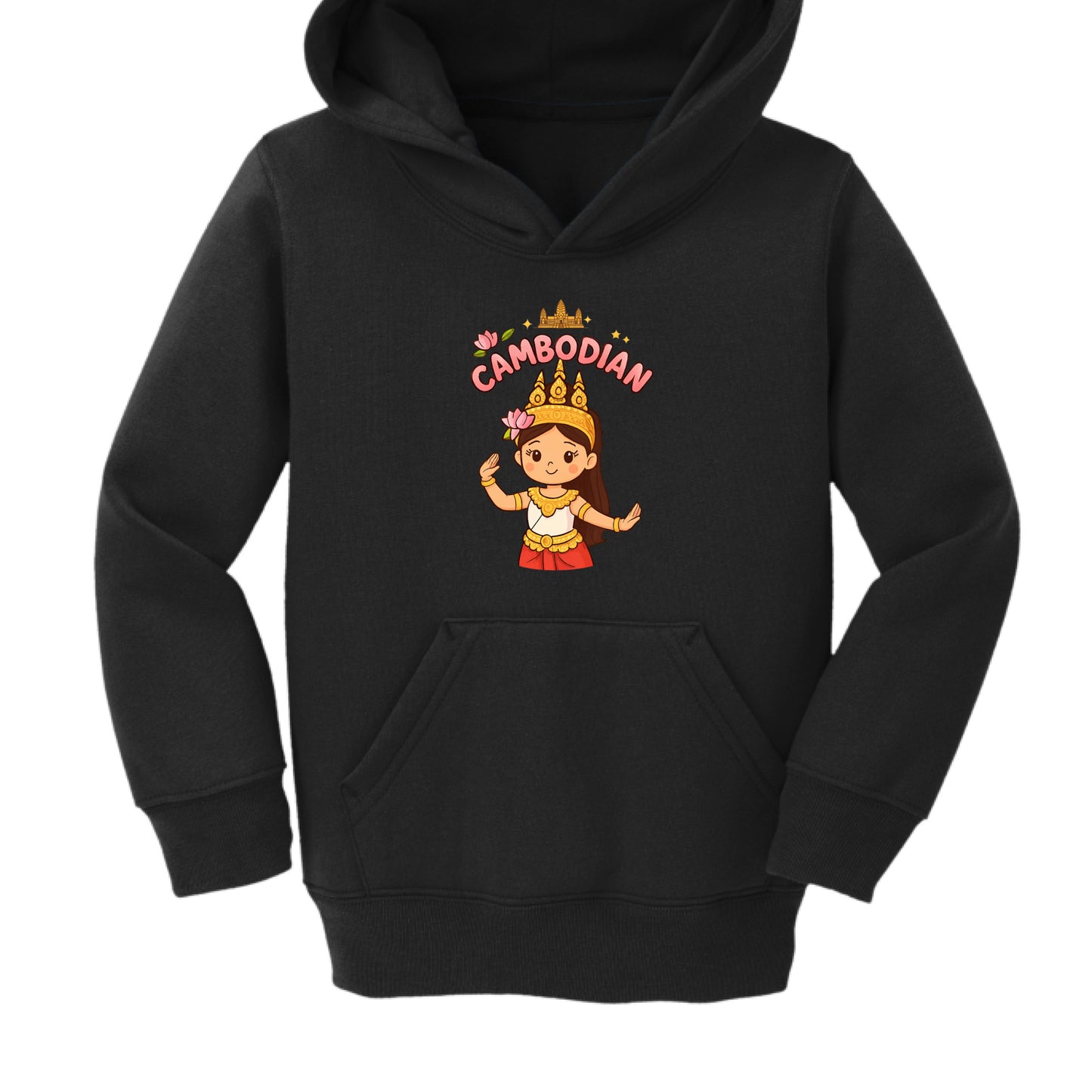 Black hoodie with a cartoon character and 'Cambodian' text on a white background