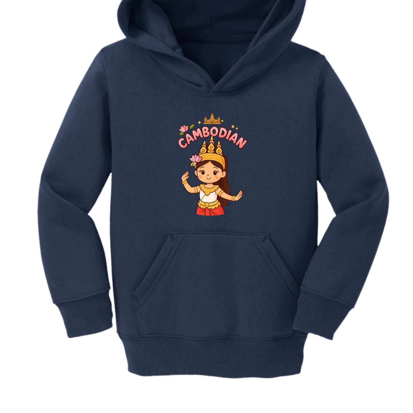 The artwork on the chest centers on a chibi-style Apsara dancer, representing a traditional Cambodian classical dance.

The Dancer: The character is illustrated with a friendly, simplified face, long brown hair, and a pink lotus flower tucked behind her ear. She wears a traditional gold tiara (mokot), a white top, and a red pleated skirt (sampot) with a gold belt.

Text: Arched above the dancer is the word "CAMBODIAN" in bold, pink sans-serif capital letters.

Accents:

Directly above the text is a small, g
