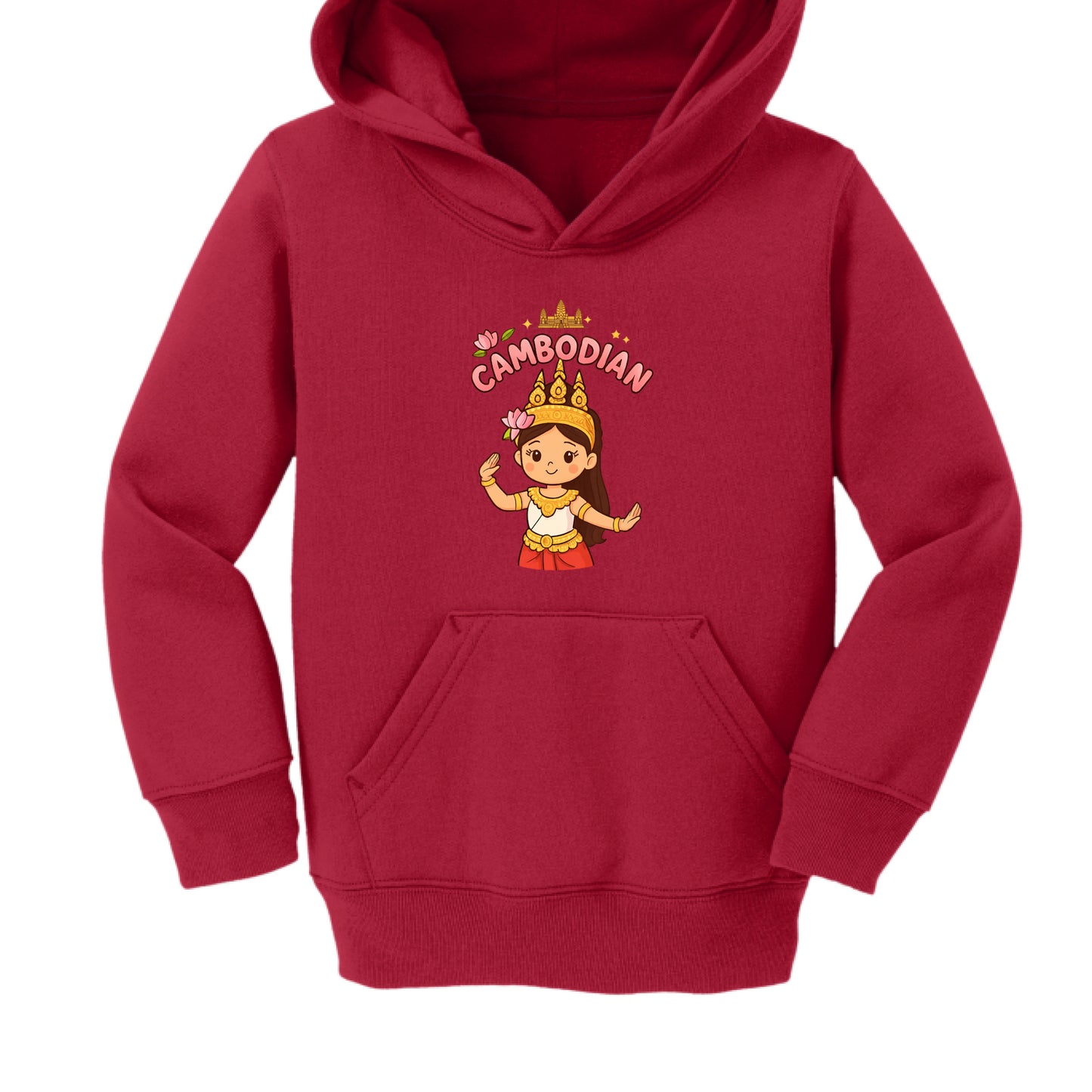 Red hoodie with a cartoon character and 'Cambodian' text on a white background