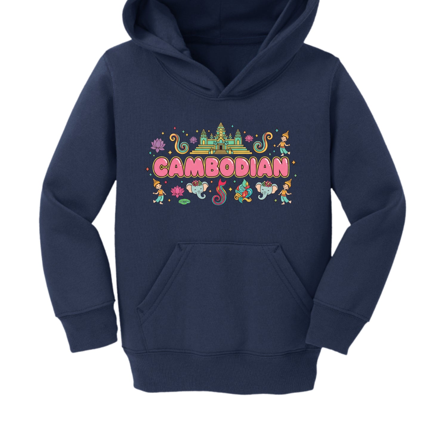 Navy blue hoodie with colorful 'Cambodian' design on a white background