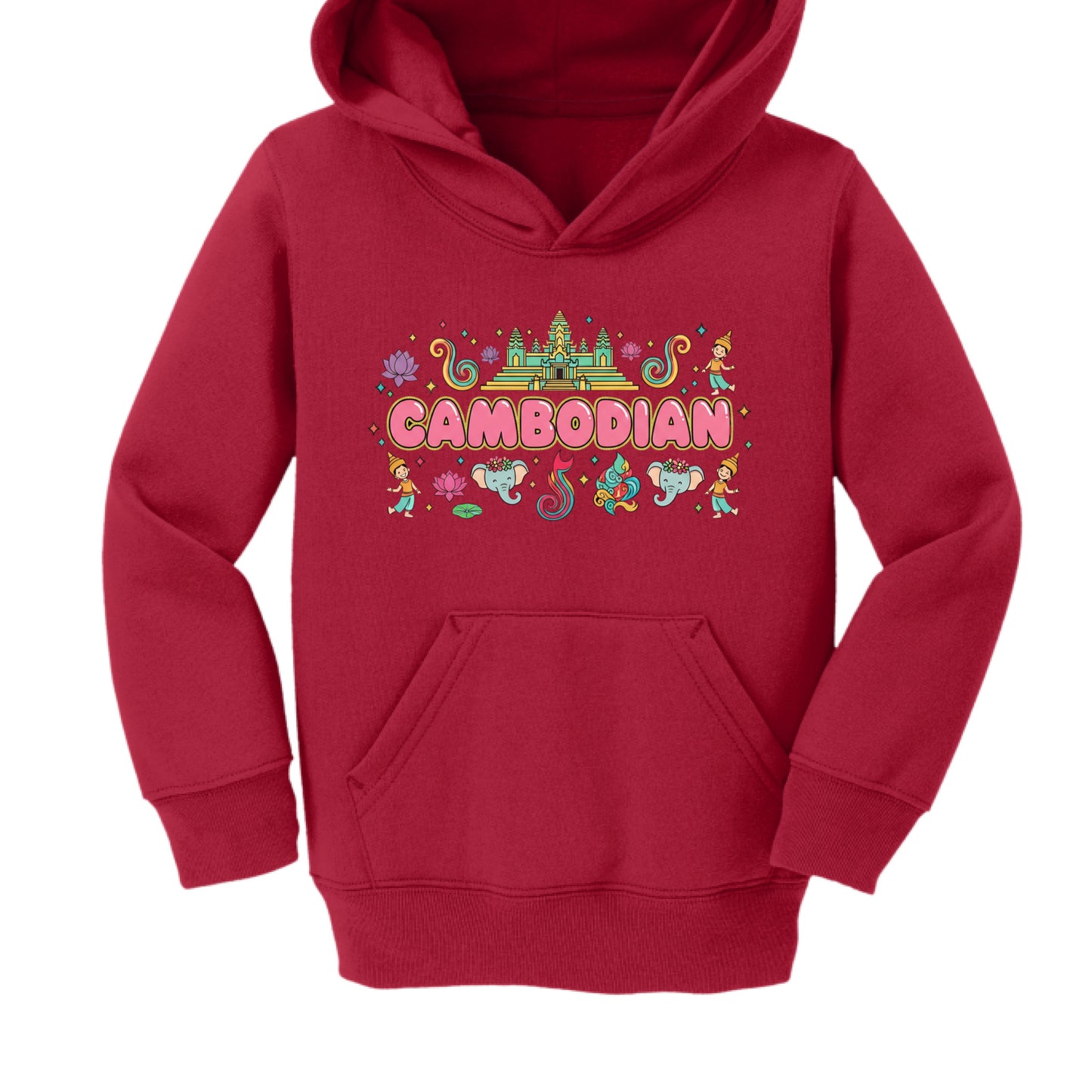 This image displays a red, youth-sized hooded sweatshirt featuring a colorful, cartoon-style graphic that celebrates Cambodian heritage.

Graphic Design Details
The central design is a playful arrangement of cultural symbols surrounding the word "CAMBODIAN":

Typography: The word "CAMBODIAN" is rendered in rounded, bubble-style letters with a pink fill and a yellow outline.

Central Landmark: Directly above the text is a stylized, multi-tiered temple representing Angkor Wat, colored in shades of green and y