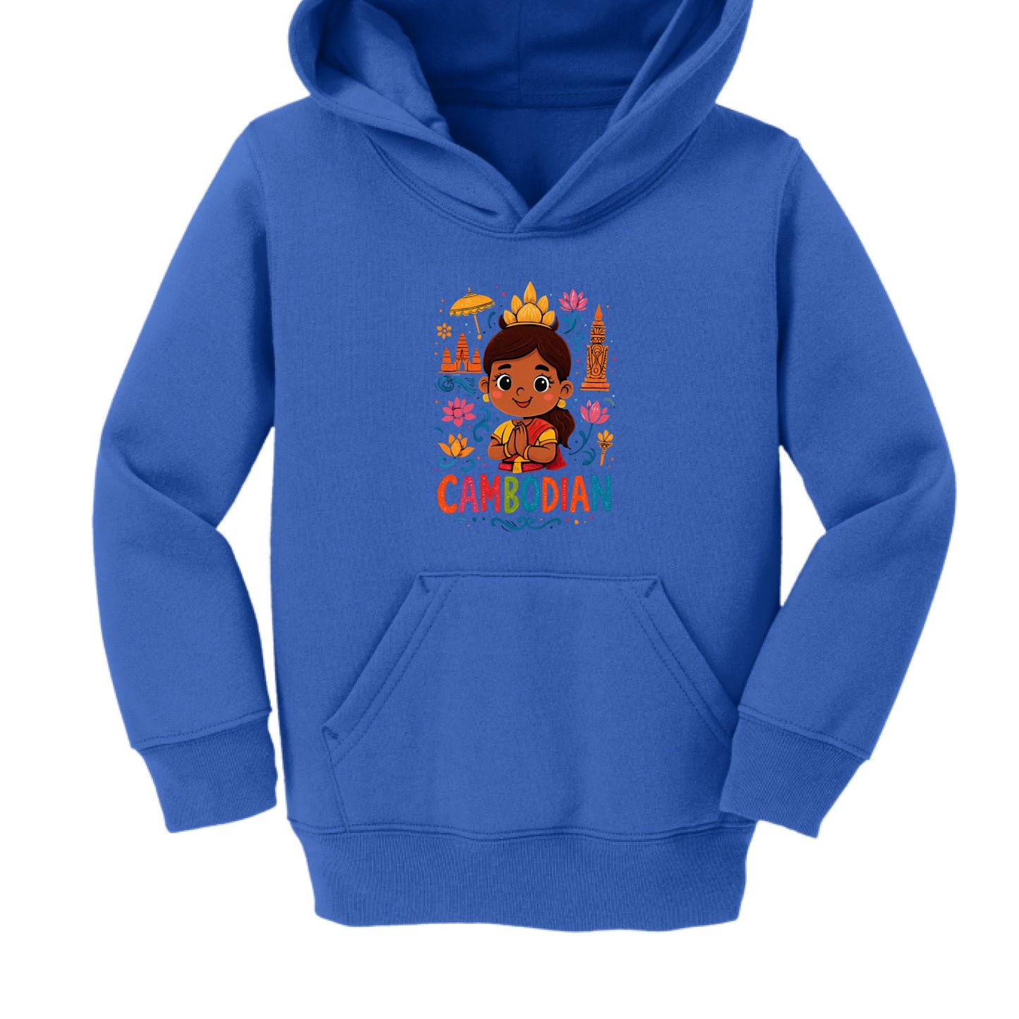 Blue hoodie with a cartoon character and 'Cambodia' text on a white background