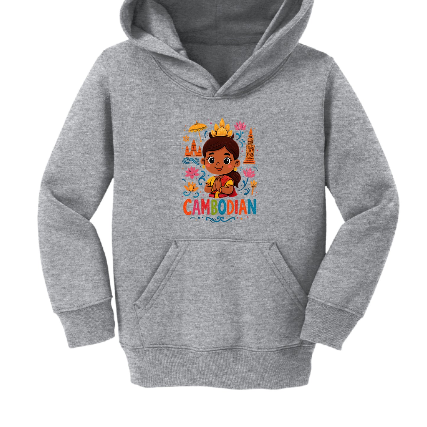 Gray hoodie with a colorful 'Cambodian' design on a white background