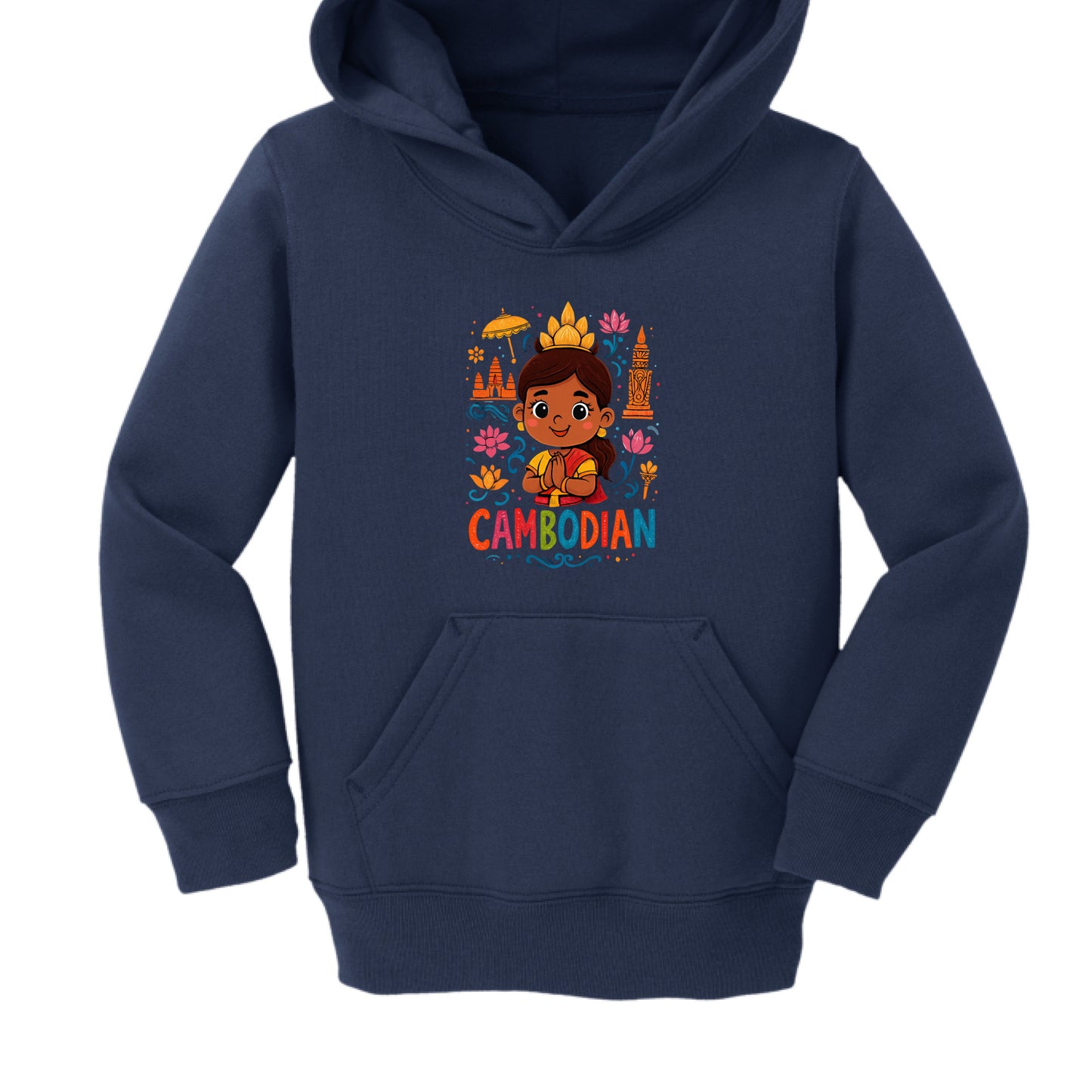 The design is a bright, cartoon-style illustration featuring several cultural motifs:

Central Figure: A young Cambodian girl with a friendly expression. She is wearing a traditional golden crown (similar to those worn by Apsara dancers) and has her hands pressed together in a Sampeah (a traditional Cambodian greeting).

Landmarks: To the left of the girl is a simplified illustration of Angkor Wat, and to the right is a traditional Khmer temple tower or stupa.

Symbols: The background is decorated with colo