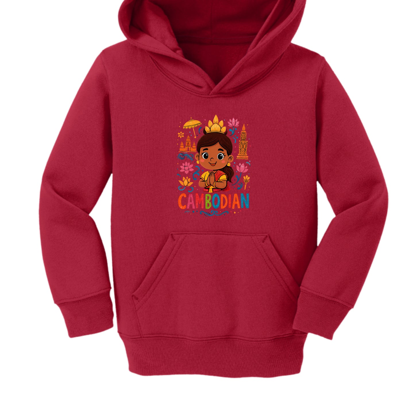 Red hoodie with a colorful graphic and 'Cambodian' text on a white background